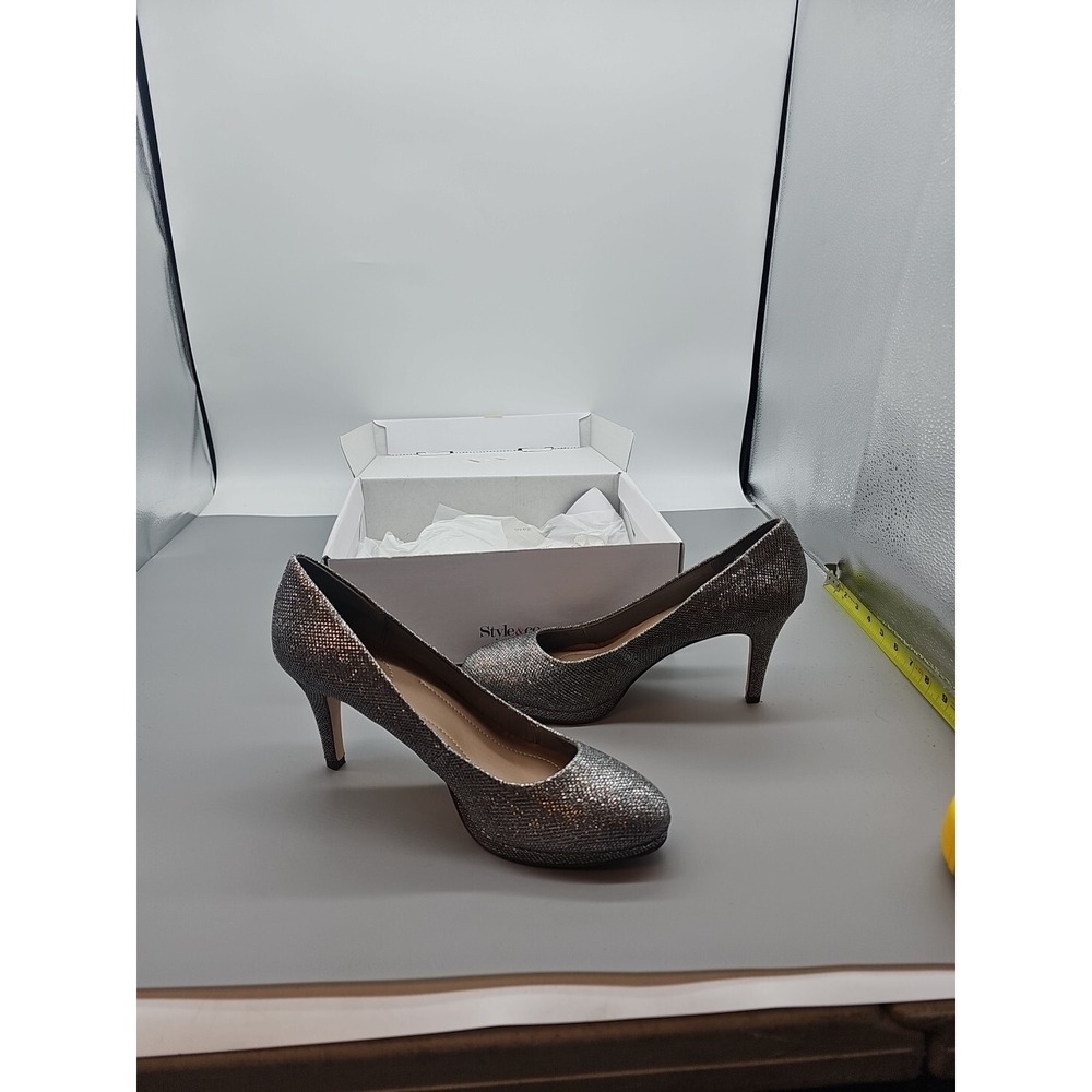 Style & Co Womens Heels Size 9 Silver Sparkler Slip On Closed Toe Prom Wedding